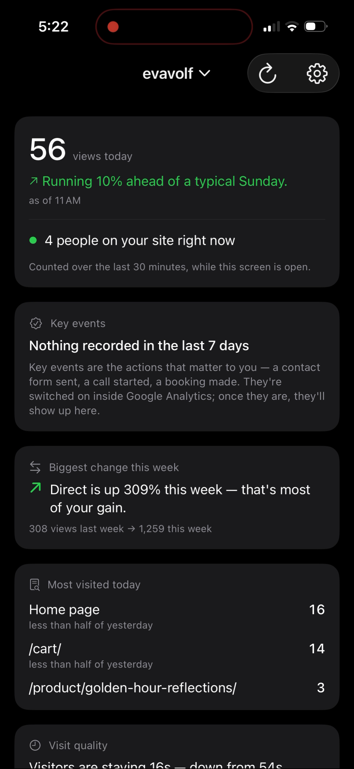 The SiteGlance dashboard showing views today, how today compares with a typical Sunday, live visitors, key events and the biggest change this week.