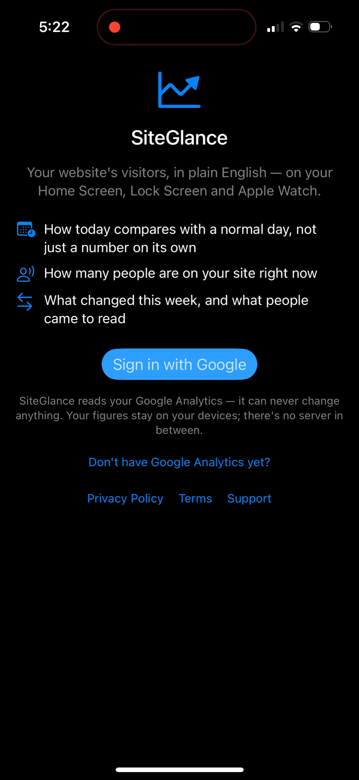 The SiteGlance sign-in screen, listing what the app shows and a Sign in with Google button.